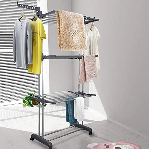 

Clothes 3-Tiers with Retractable Trays, Collapsible Shelves, Rolling and Base with Casters, Stainless Laundry Dryer Indoor or O