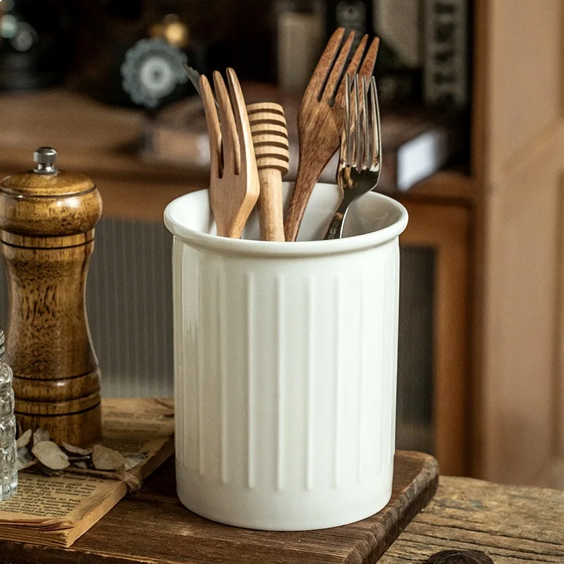 Large Ceramic Utensil Holder, White Embossed Chopstick Storage Jar