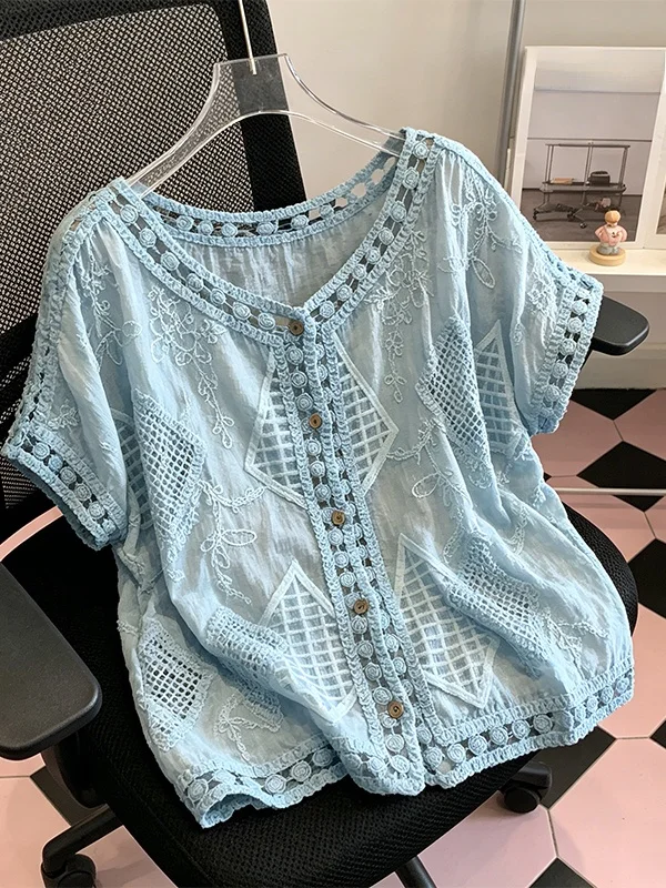 

2026 Summer New Style Hollow out Hook Flower V-Neck Short Sleeve Chiffon Shirt plus Size High Design Sense Top Semi-Transpare...