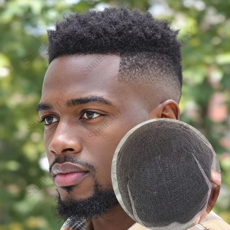 

4mm 6mm Afro Curly Black Hair Prothesis Capillary African American Bleached Knots 100% Human Hair Units Replacement System Cheap