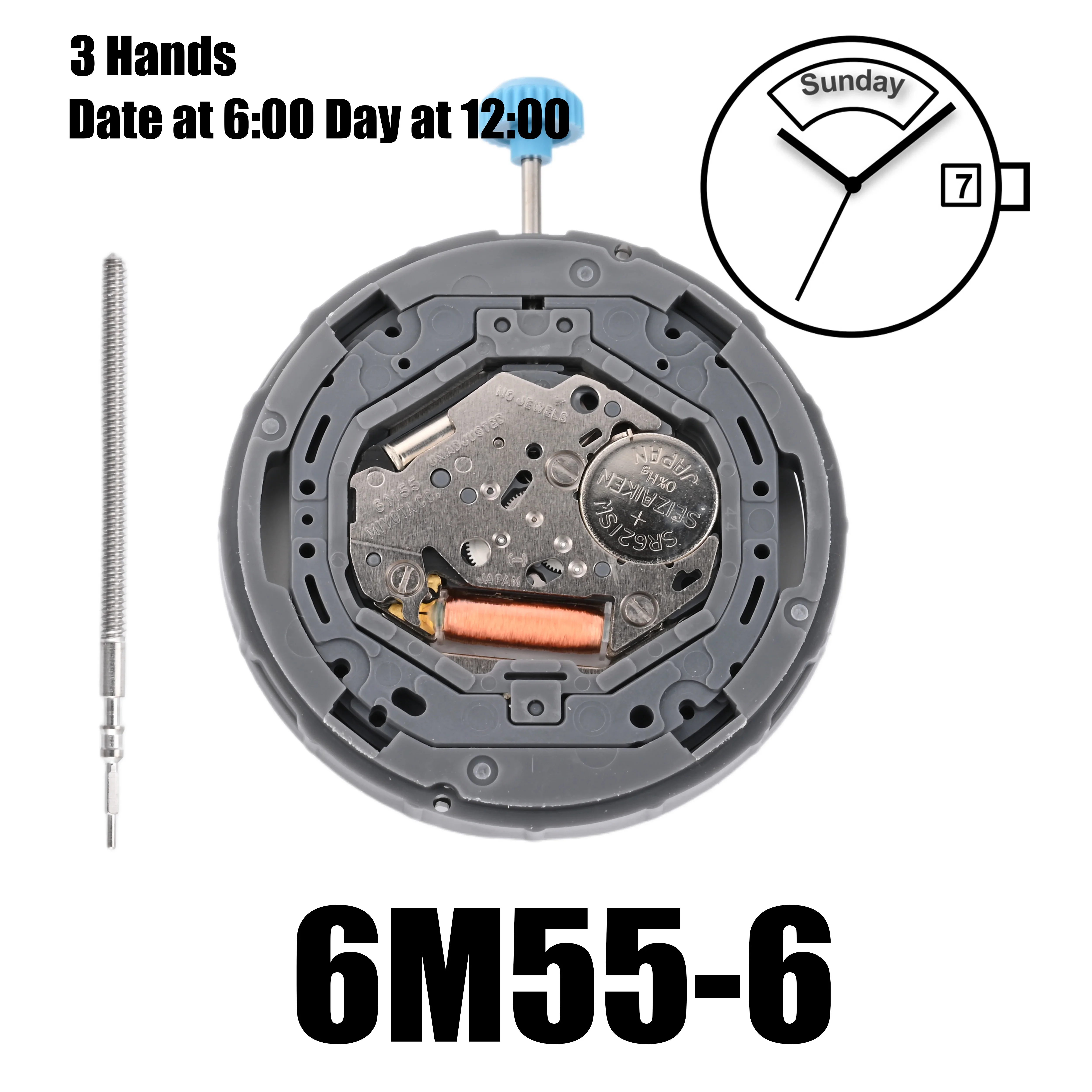 3ハンドウォッチムーブメントアクセサリー、6m55、miyota、6m55-6、最適な日付の日、6-6