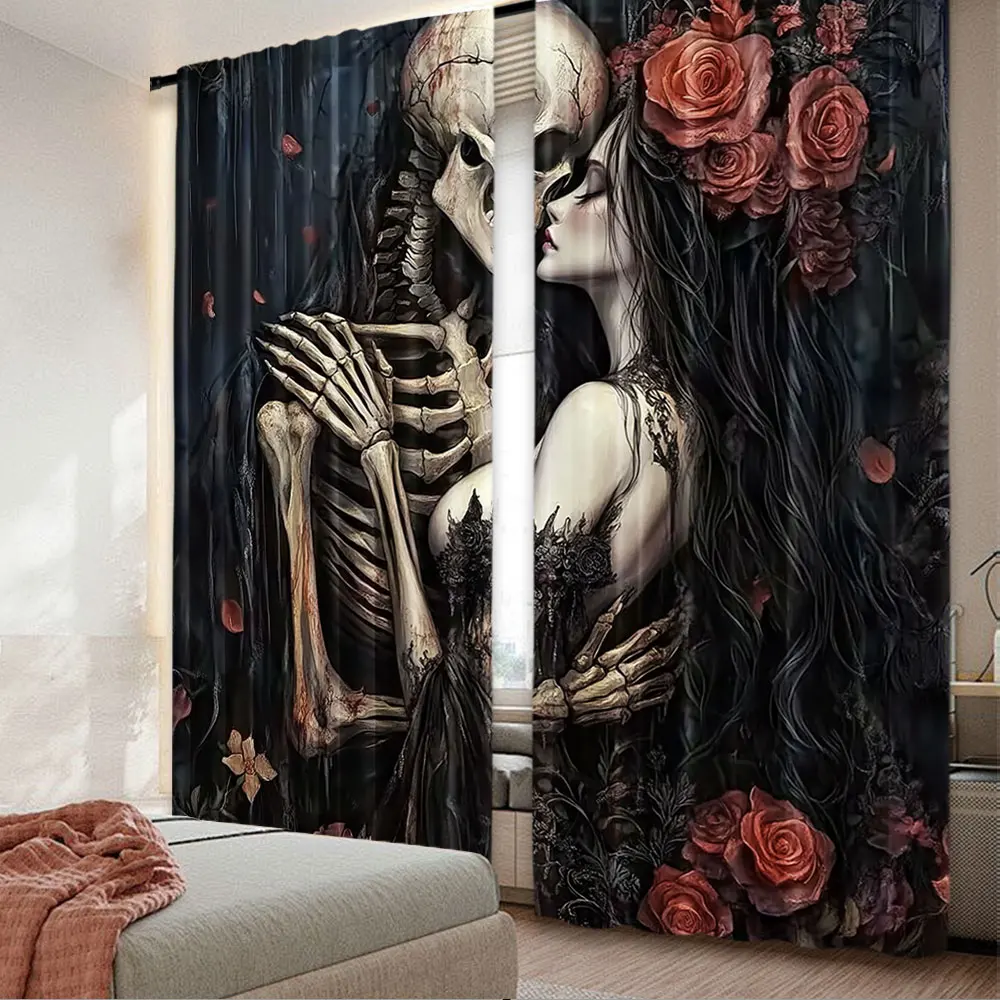 

2Pcs Spooky Skeleton And Red Flower Printed Curtain Suitable For Bedroom Bathroom Living Room Dining Room Study Room Office A