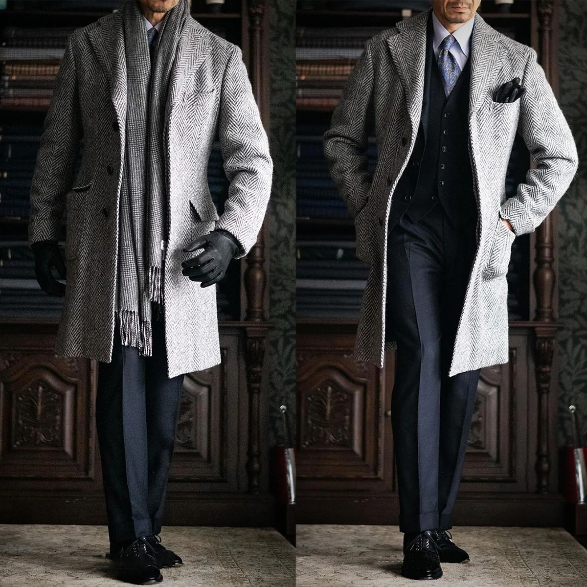 Herringbone Winter Woolen Overcoat For Men Formal Outwear Notch Lapel Thick Trench Coat Plus Size Customized Business Jacket