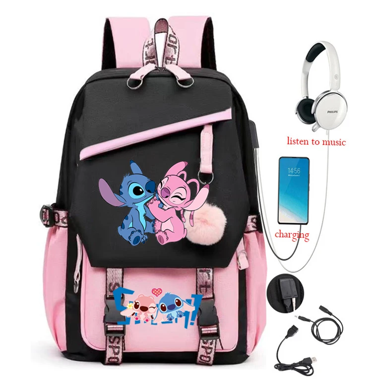 

Lilo & Stitch Backpacks USB Patchwork Teens Laptop Nylon Rucksack Fashion Girl Backpack Women Shoulder Bag High School Schoolbag