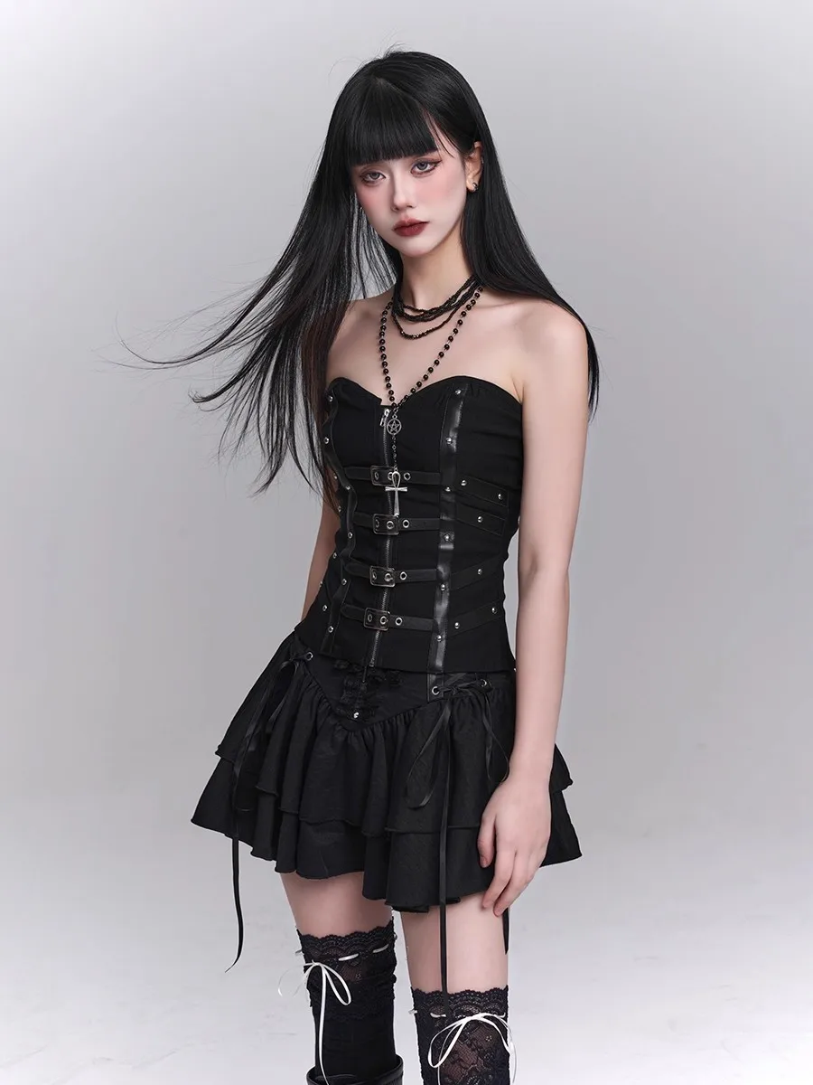 REDDACHiC Black Leather Harness Corset Skirt Set Studded Belt Zip Up Tube Top Cross Patched Mini Skirt Women Gothic Dark Clothes