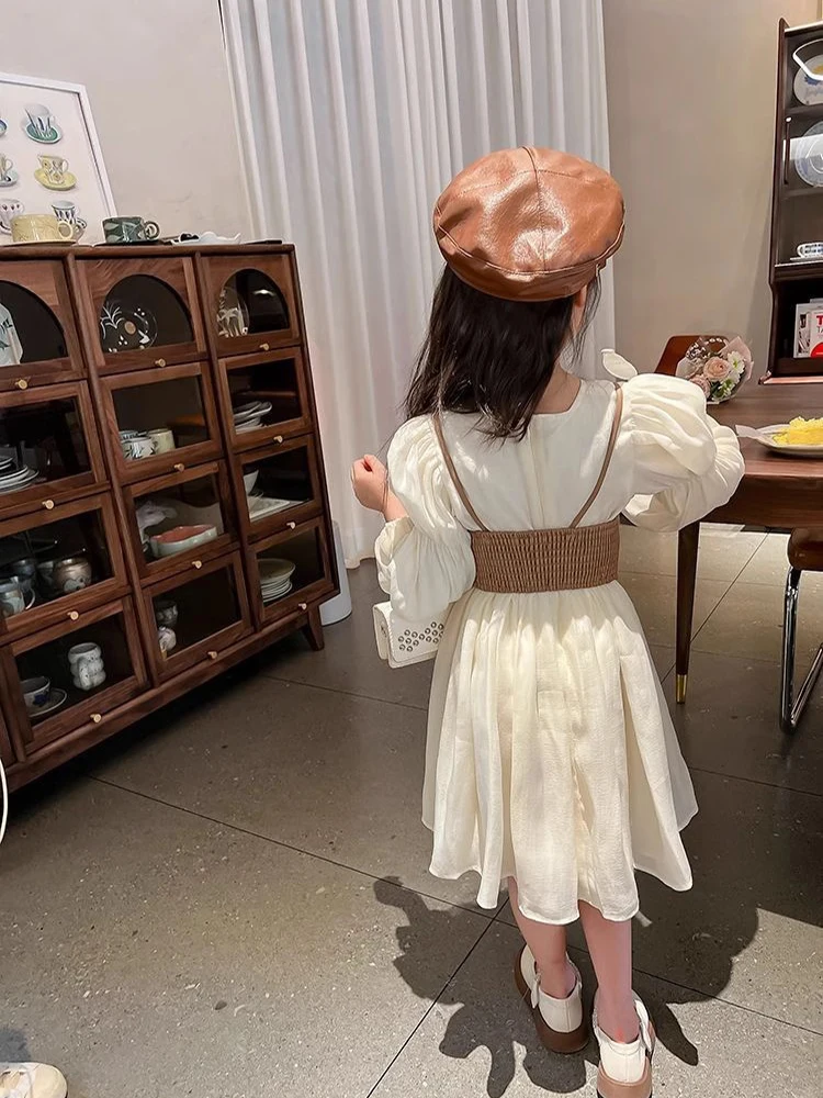 Chiffon Dress + PU Leather Vest 2Pcs Kids Girls Long Sleeve Princess Dress Spring Autumn Fashion New Casual Clothes  2-12 Years