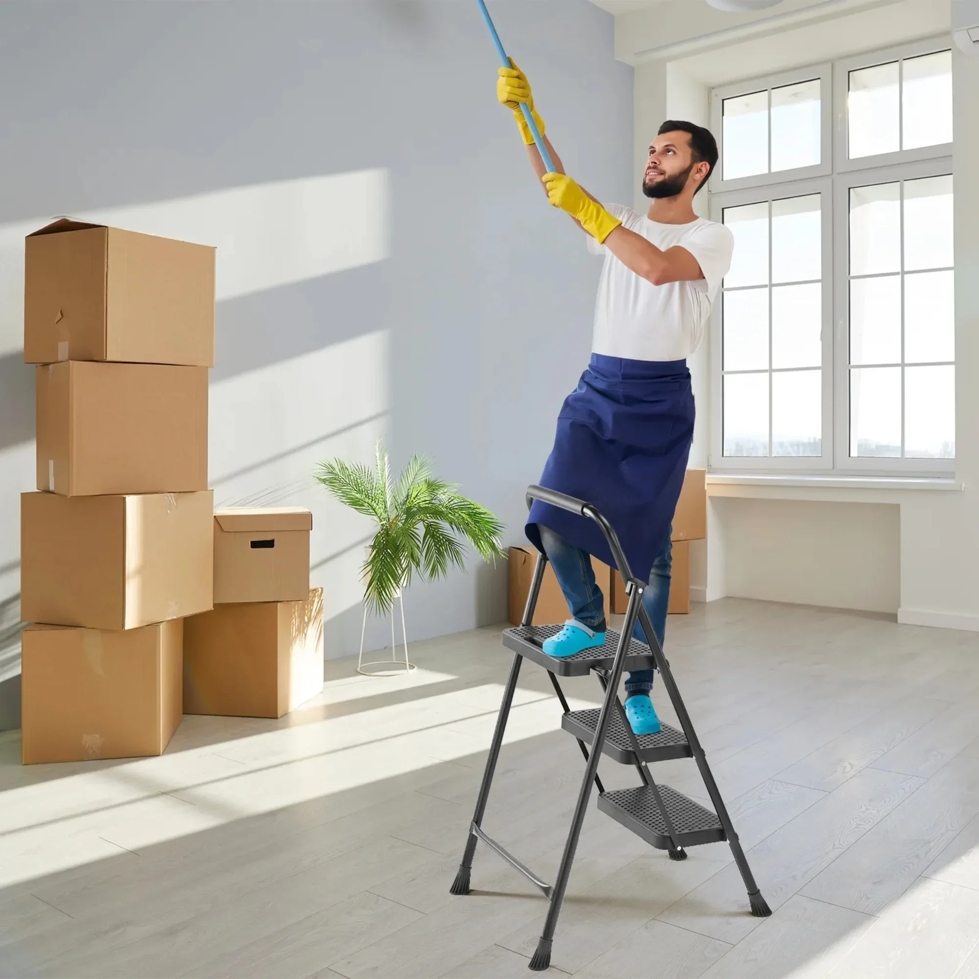 سلم قابل للطي بثلاث خطوات للبالغين، دواسة واسعة مضادة للانزلاق وتصميم مريح، مقعد خفيف الوزن للمطبخ والمرآب والمنزل