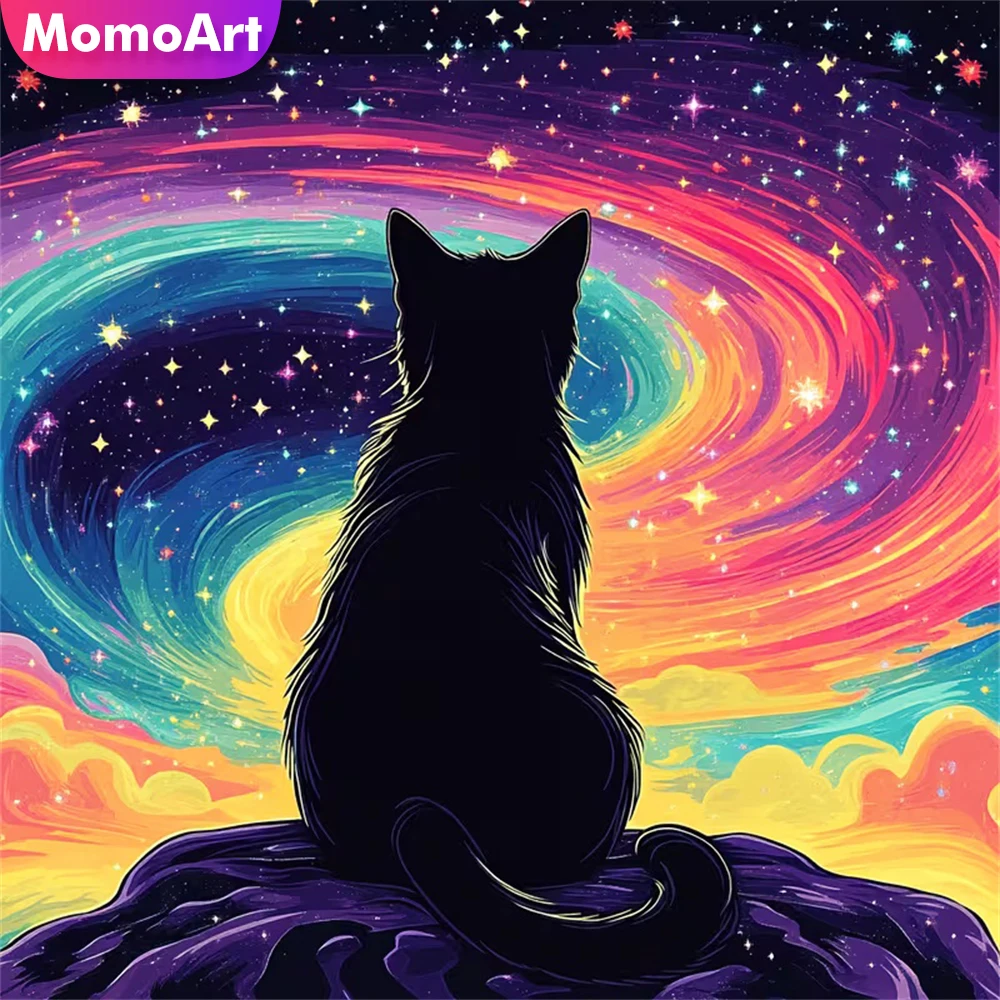 Momoart Diamant-Gemälde, schwarze Katze, Tierbild aus Strasssteinen, DIY-Diamant-Mosaik, Sternenhimmel, Kreuzstich, Dekor für Zuhause