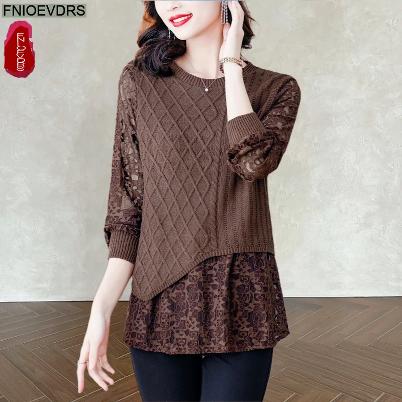

Loose Clothes Patchwork Fake 2-Piece Knitted Top 2026 Women Elegant Basic Shirts Retro Black Lace Tunic Belly Peplum Tops Blouse