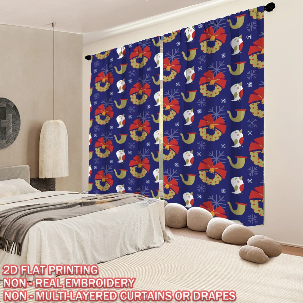 Christmas Flat Printing Curtain with Christmas Snowflake Bird Garland Bow For Christmas Home  Door Windows Decor Party