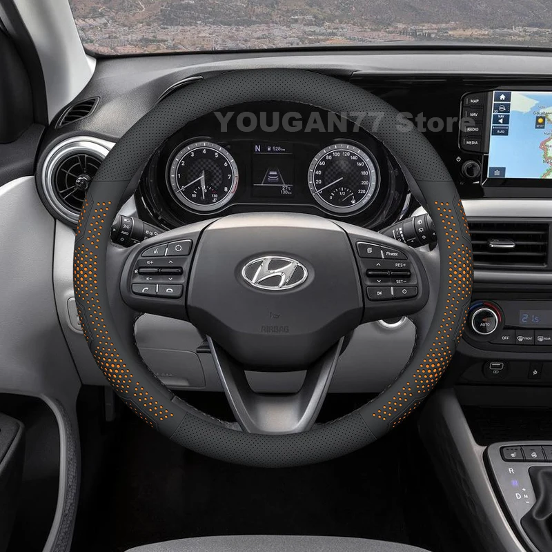 Leather Car Steering Wheel Cover For Hyundai i10 N Line 2024 2019-2023 Non-slip Auto interior Hyundai i10 Accessories 2024