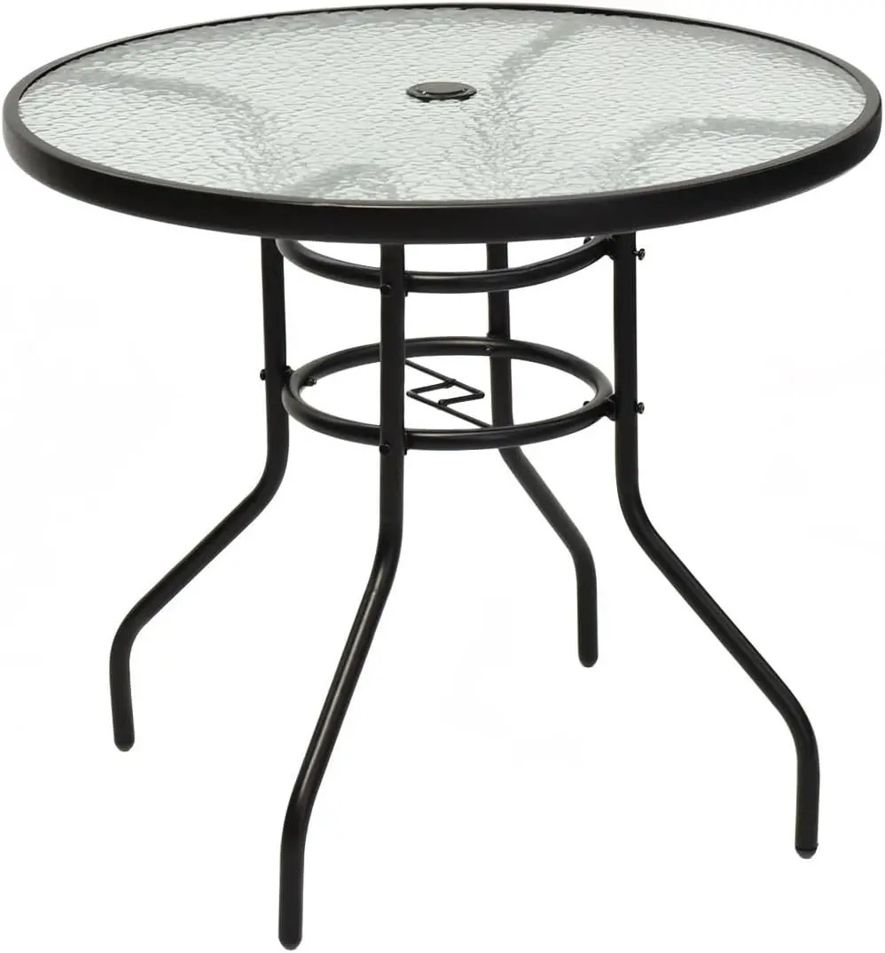 

32" Round Outdoor Dining Table with Tempered Glass Top, Umbrella Hole & Metal Frame for Backyard, Lawn, Deck & Poolside
