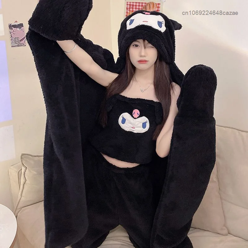 Sanrio Kuromi Coral Fleece Pajamas 3 Piece Set Women Kawaii Plush Tank Top Trousers Hooded Cloak Y2k Home Clothes Sleepwear Suit