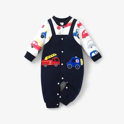 PatPat Baby Boy Childlike Vehicle Pattern Long Sleeve Jumpsuit Soft and Comfortable  Perfect for Outings and Daily Wear