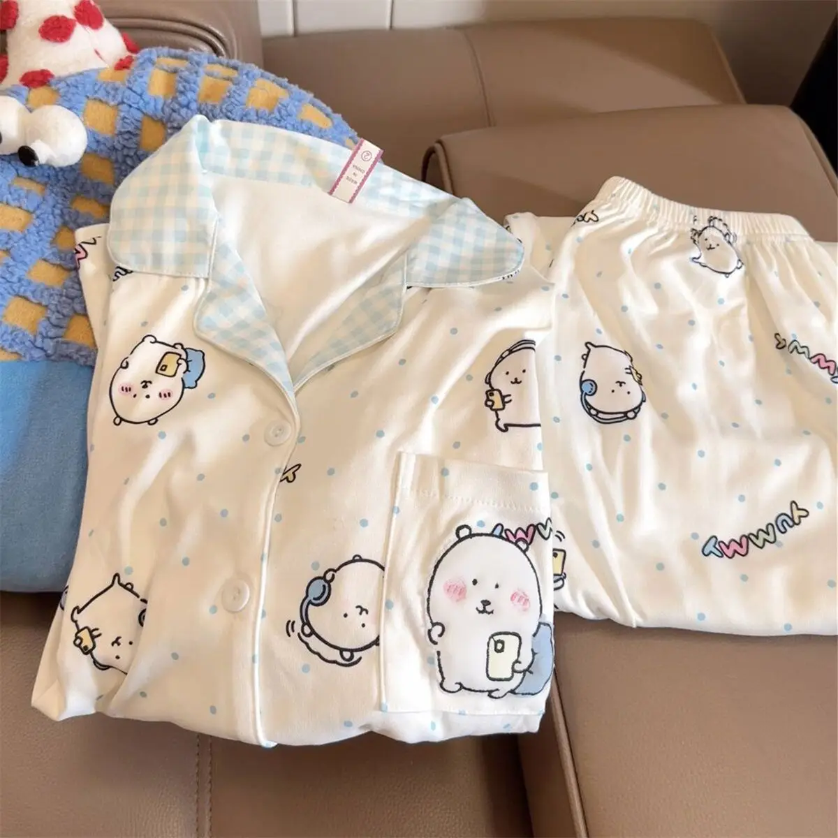 Anime Japanese Y2K Chiikawa Women's Spring Autumn Pajamas Hachiware Long Sleeves Long Pants Cute Student Leisure Lapel Homewear - view 4