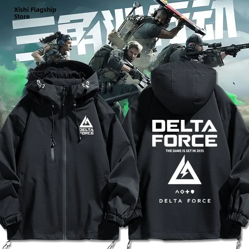 

Delta Action Game Themed ex Jaet Trendy Hooded Zipper Closure Outerwear Casual Polyester Fiber Long Sve Coat