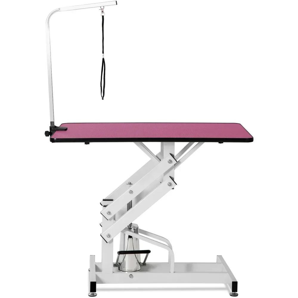 42.5 INCH HYDRAULIC PET GROOMING TABLE PINK COLOR, Combo Item, White+Pink, MDF and Steel