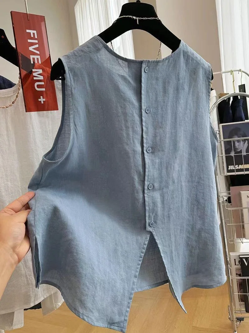 

Summer New Thin Literary Blouse Women O Neck Single Breast Sleeveless Tank Loose Casual Womens Shirts Fashion Female Tops