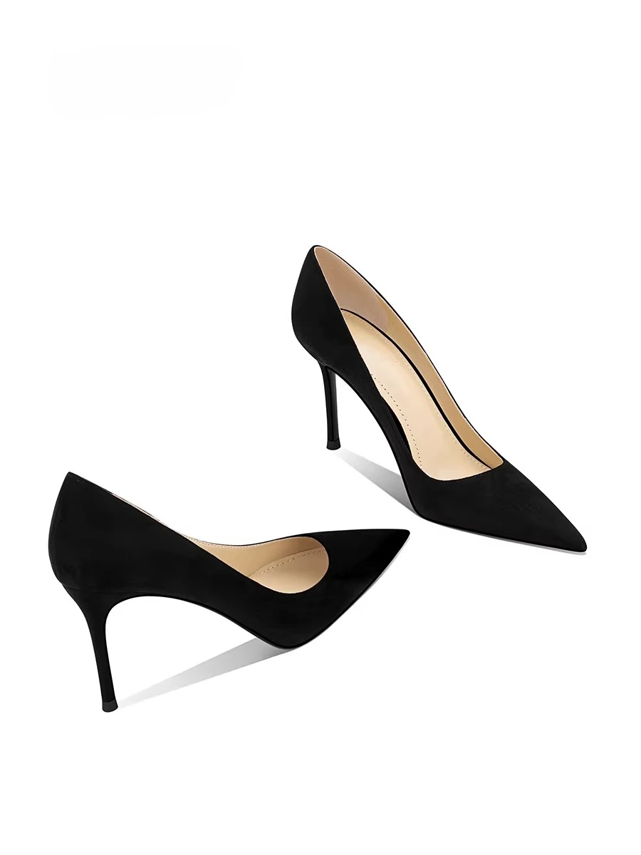 

Leather Black Suede High Heels Women's Stiletto Pointed Single Shoes