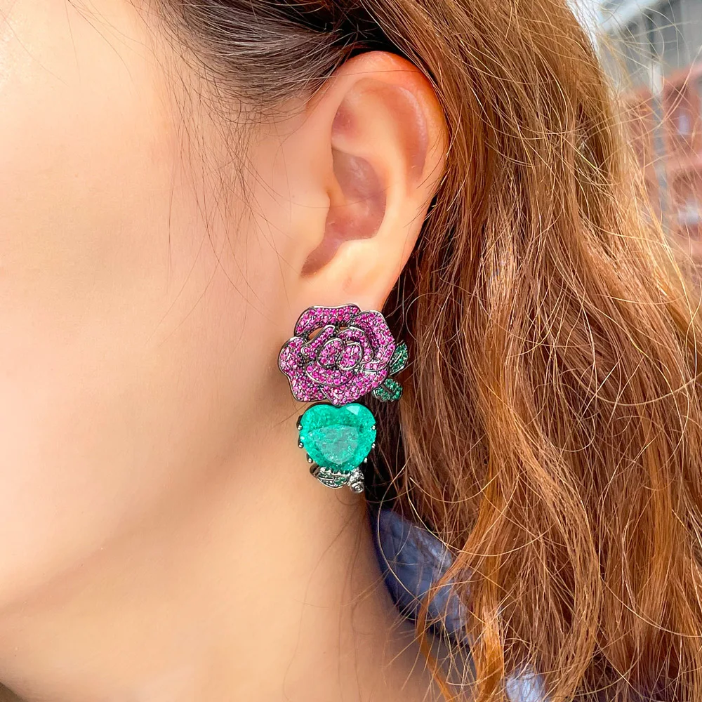CWWZircons Beliebte Kreative Rosa Rote CZ Große Blumen-Herz-Hängeohrringe für Verlobung und Festlichkeiten für Damen Großhandel E0884 – Detail 2