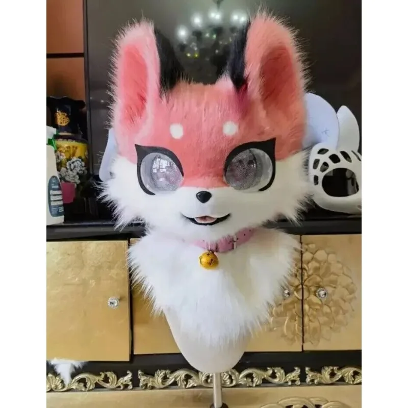 

Furry Light Orange Fox Long Fur Husky Dog Mascot Head Fursuit Party Cosplay