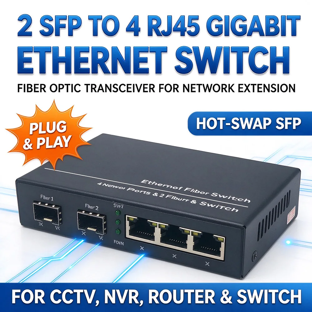Gigabit Ethernet Switch Fiber Optical Media Converter 4 RJ45 2 SFP 10/100/1000M UTP Fiber Port Board PCBA 2F4E 2SFP4E