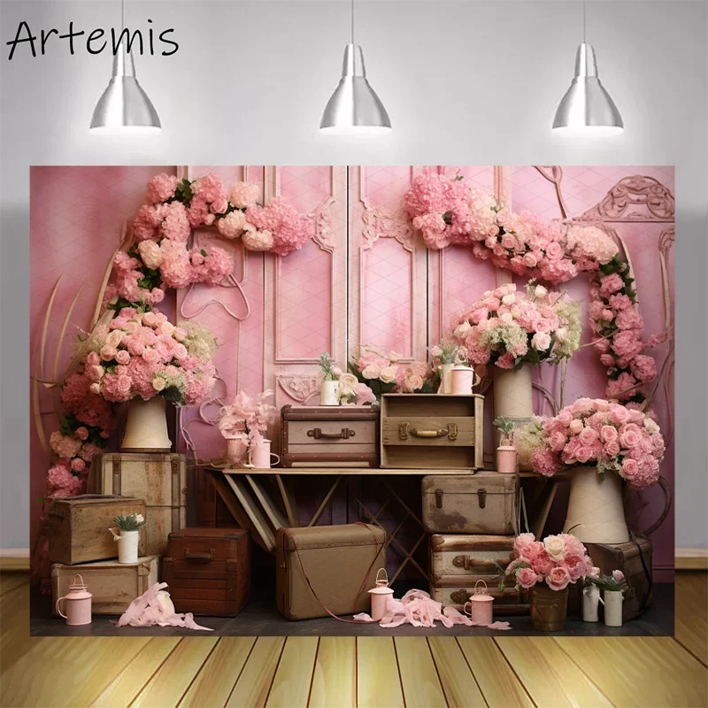 

Valentine's Day Backdrop Roses Wooden Boxes Pastoral Nostalgia Light Pink Children's Birthday Portrait Background Photo Studio