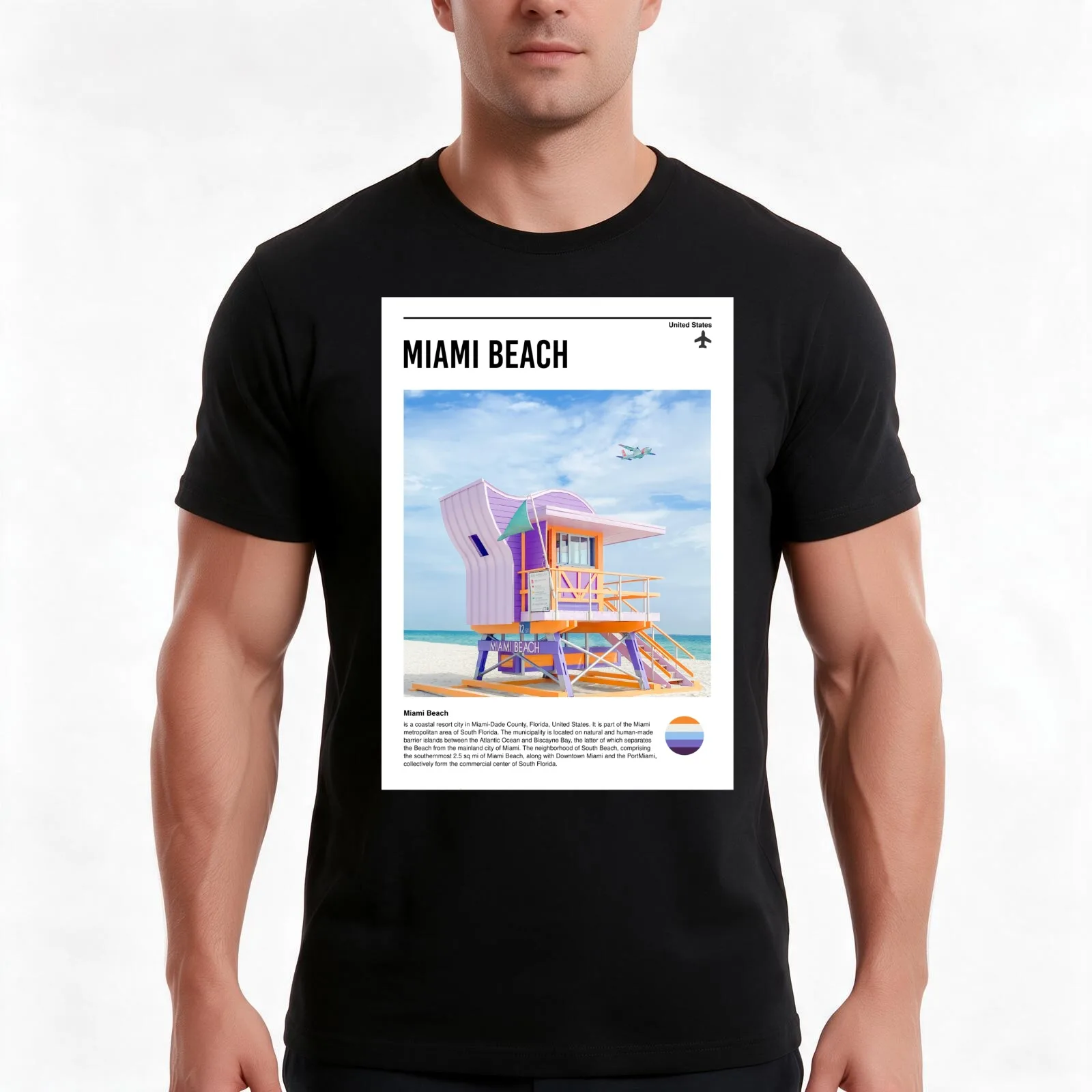 Visit Miami Beach (minimal travel poster) T-Shirt, Summer Casual Cotton Tee, Oversized Streetwear Tops, Vintage Graphic Print