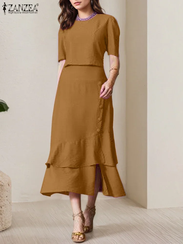 

ZANZEA Women Sets Solid Short SLeeve Tops Irregular Ruffled Long Skirts Suits 2025 Elegant OL Work Dress Matching Sets