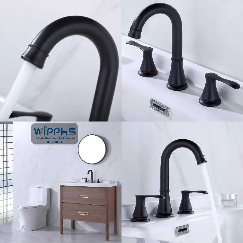 

8 Matte Black 2-Handle Widespread Sink Faucet with 360° Swivel Spout, 3-Hole, Pop-Up Drain, and cUPC Supply Hose