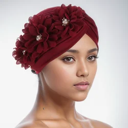 Fashion Crinkle Flowers Turban Hijab Hats African Head Wraps Soft Elastic Muslim Hats Breathable Chemo Cap For Women Girls