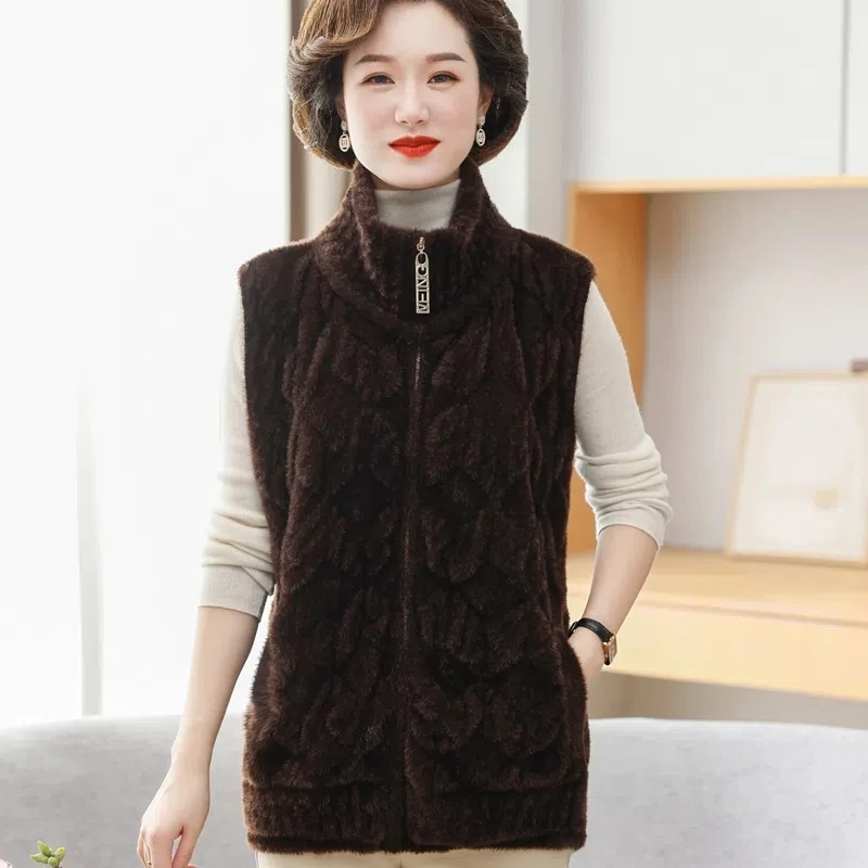 母秋冬ニットベスト厚く暖かいノースリーブジャケット中年女性模造ミンクベルベットジッパーセーターカーディガン