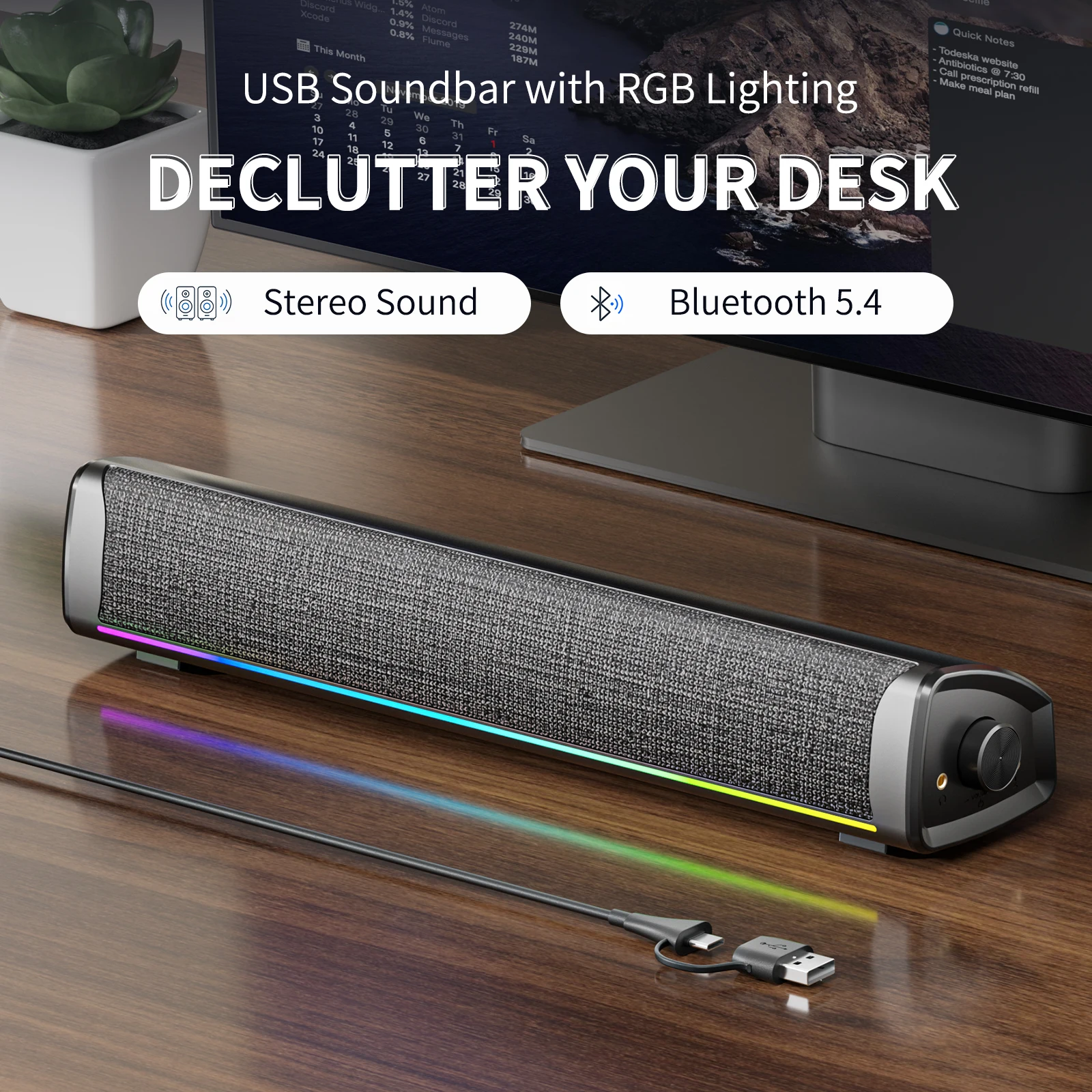 Rgb Computer Soundbar For Pc - Kabelgebundene Computer-Soundbar, Bluetooth-PC-Lautsprecher für Desktop, Stereo,