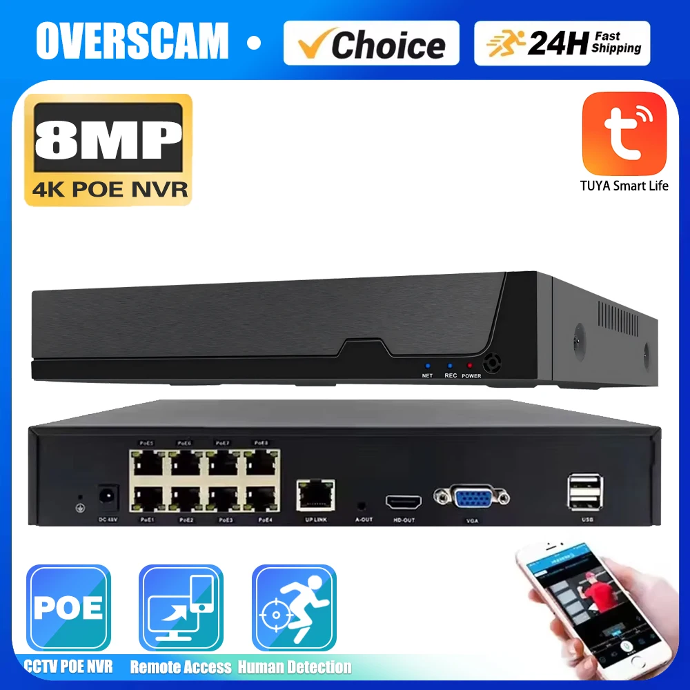 

Overscam TUYA SMART LIFE 4K 8MP 8CH POE NVR CCTV Security System Human Detection Network Surveillance Cameras Video Recorder NVR