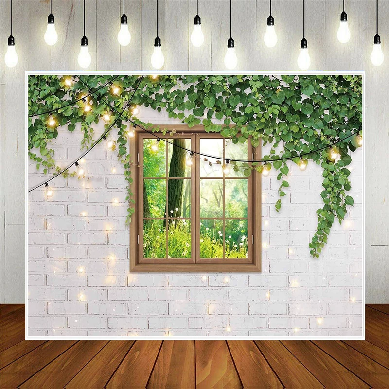 Spring Theme Photography Backdrop Glitter White Brick Wall Green Leaves Landscape Outside The Window Background for Kids Adults