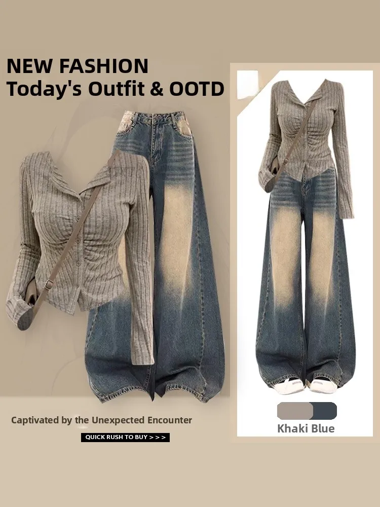 

Slim Fit Knitted Base Layer Cardigan Sweater Women's Autumn Outfit Set Vintage Denim Long Pants V Ne Long Sve Polyester ...