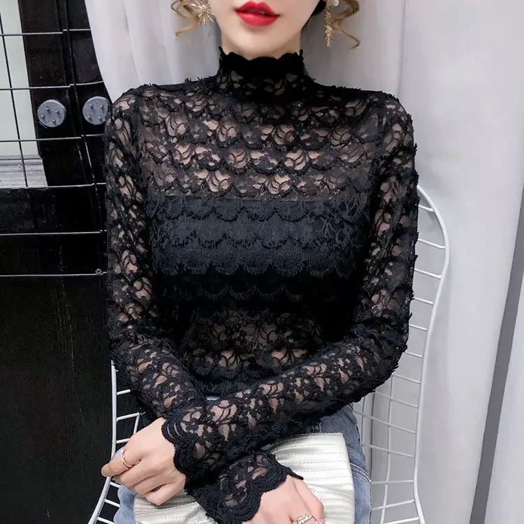 Blouse Women Stand-Collar Hollow-out Lace Net Dress Tight Women's Lace Shirt Blusas Ropa De Mujer