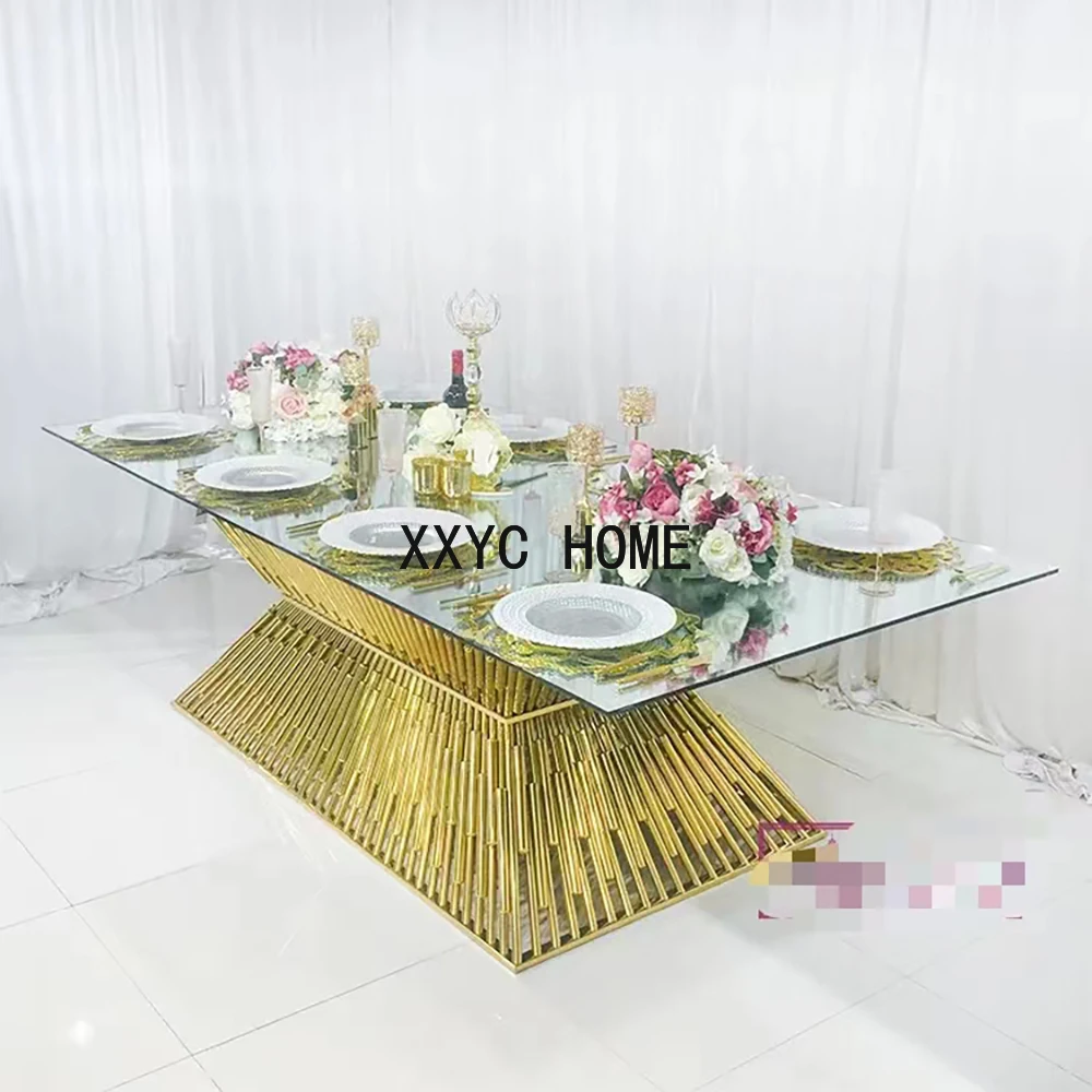 Modern Luxury golden stainless steel wedding dinning with clear glass top