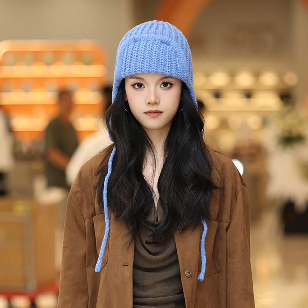 

Casual Solid Color Knitted Flying Cap Windproof Keep Warm Beanies Cap Thickened Ear Protection Hat for Women