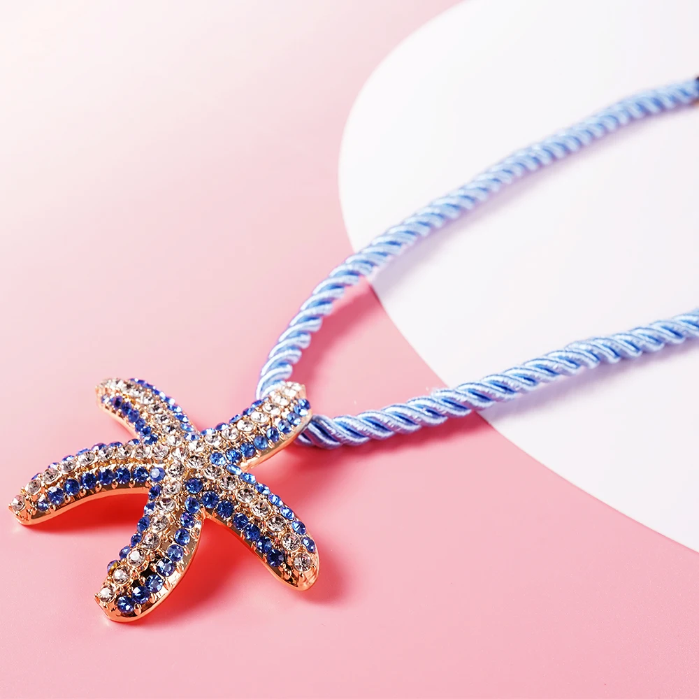 

Shine Crystal Rhinestones Ocean Starfish Beach Pendant Necklace Blue Rope Chain For Women Gift