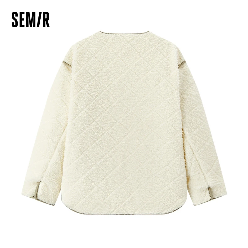 Semir Coat Women Mid-Length Diamond Check Imitation Lamb Wool Winter 2024 New Contrasting Colors Quilted Jacket Two-Sided Wear