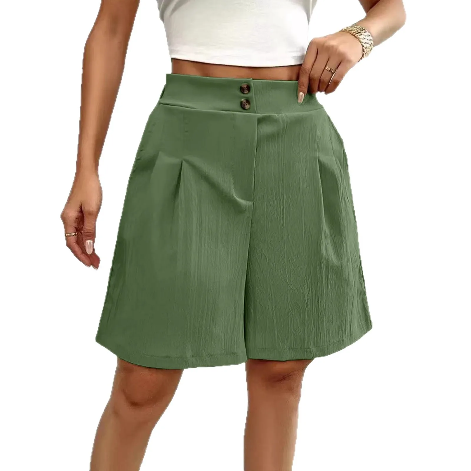 High Waist Casual Pants Commuter Chic with Loose Fit No Stretch Relaxed Fit Mid Length Shorts Regular Thickness Women Shorts