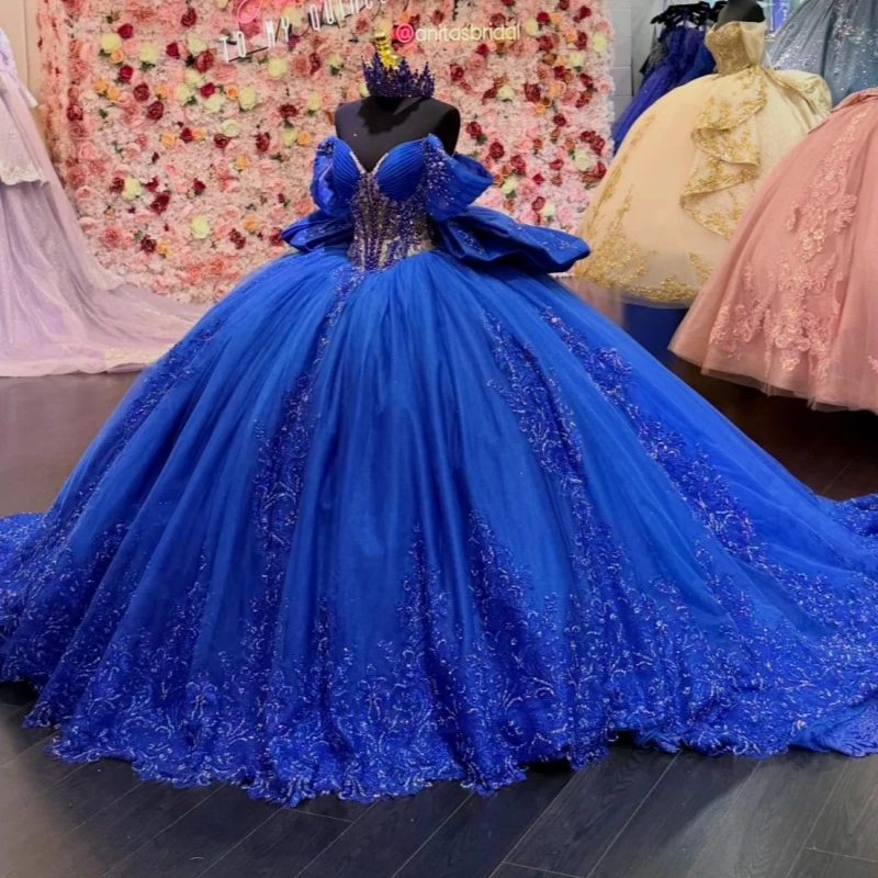 

Royal Blue Shiny Quinceanera Dresses Off The Shoulder Applique Lace Bow Beading Crystal Tull Corset Party Birthday Sweet 16