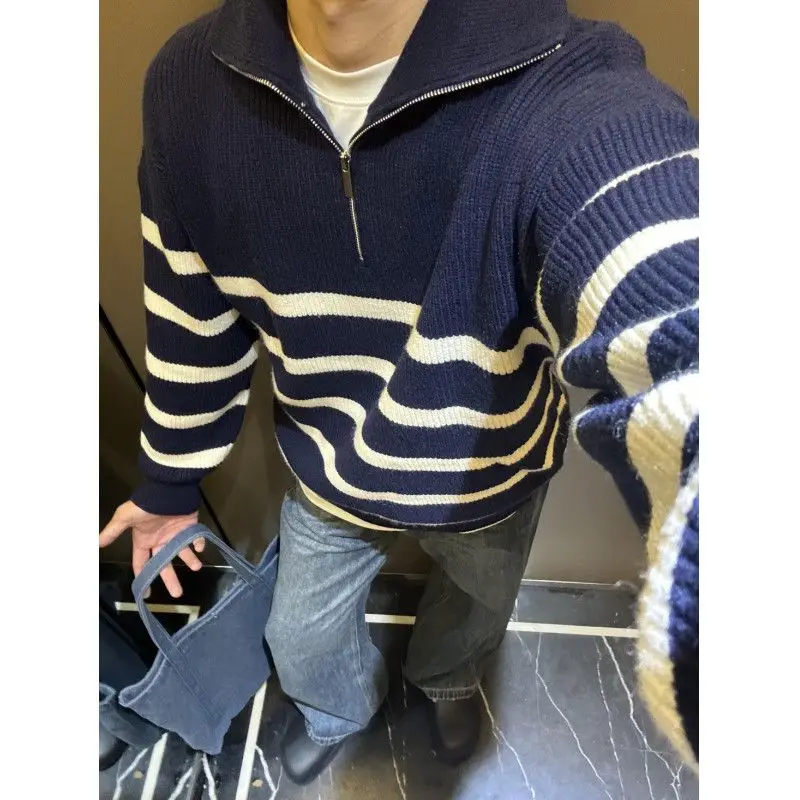 

Осенний винтажный японский свитер 2025: уютный вязаный худи на молнии в стиле Lazy Sle для мужчин и женщин, модный повседневный лонгслив