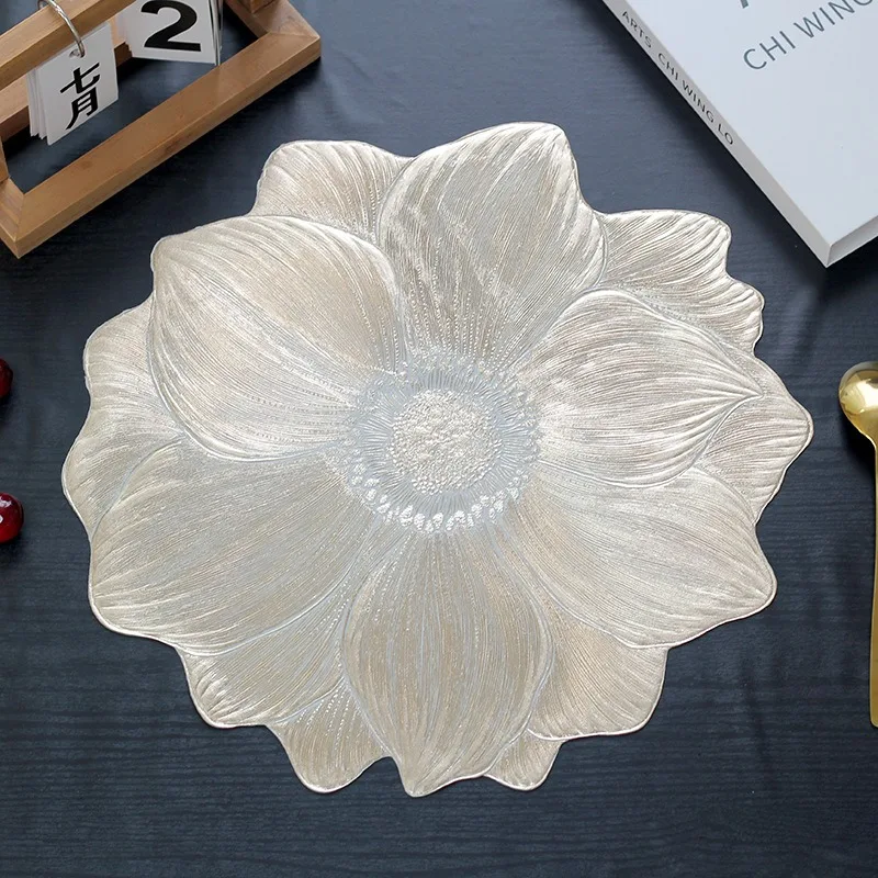 PVC Lotus Placemat 38cm Waterproof Heat Resistant Oil Proof Washable Table Mat for Hotel Restaurant Kitchen, Gold Silver Red