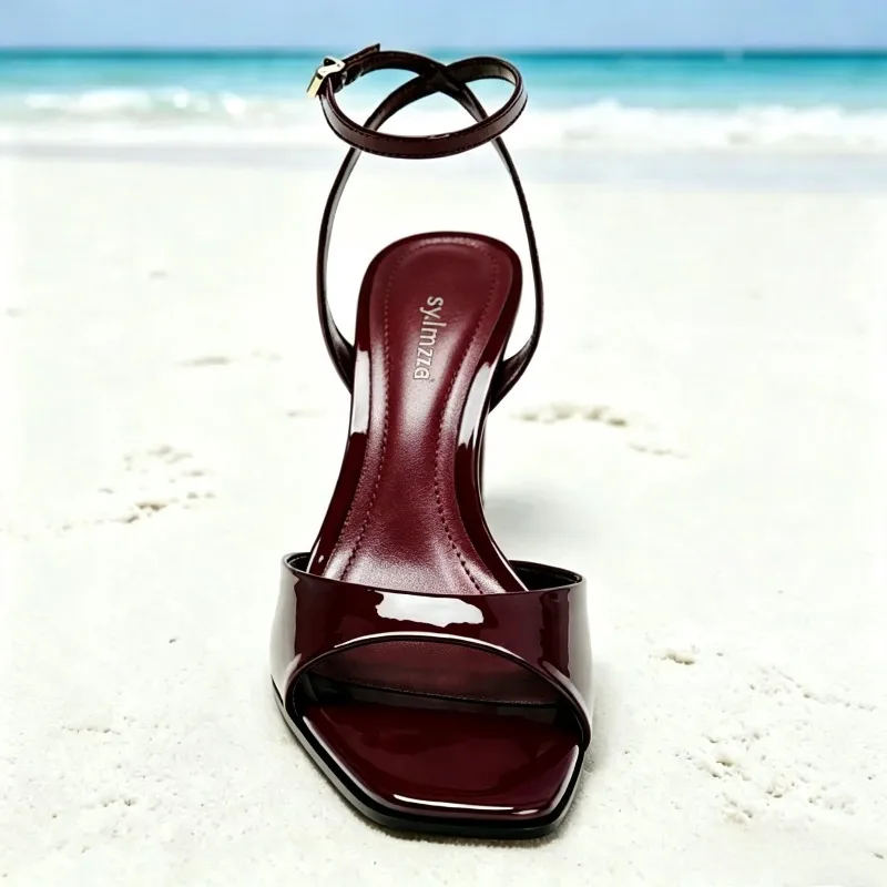 Burgundy Patent Leather Square-toe Heels Women Sexy Open-toe Ankle Strap Buckle Stiletto Sandals Elegant Slingback Designer Shoe