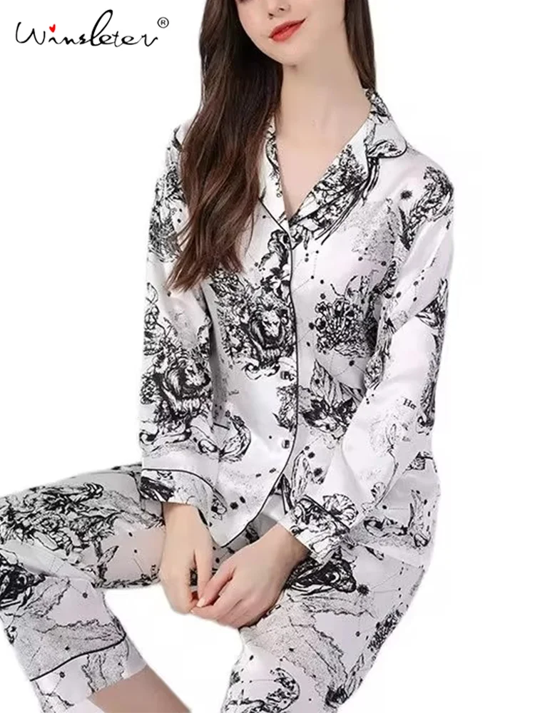 

Winsleter,19Momme 100%Genuine Silk Pajamas Sets,Print New Sleepwear Pyjamas,Women Luxurious Fashion Elegant Flowers,S47969QM