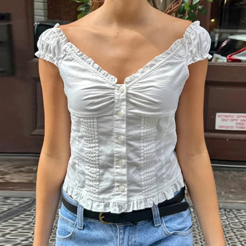 Preppy Button Down Blouse Tops Y2k Vintage Cap Sleeve Women T-shirt 00s Aesthetic Fairy Frill V Neck Crop Tops Milkmaid Vest