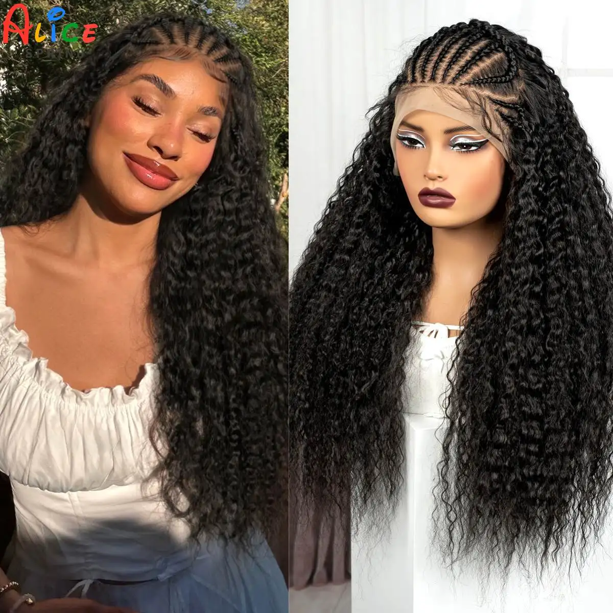 26inch 13x6 Lace Frontal Afro Kinly Curly Hair Wigs with Cornrow Braids Synthetic Curly Brazilian Remy Hair Wigs for Black Women
