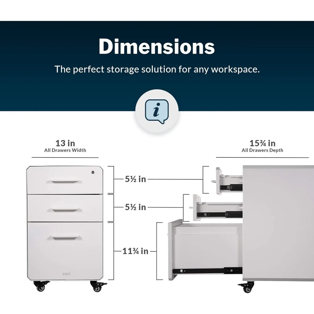 Vari File Cabinet for Office Storage with Three Drawers - Roll & Lock Caster Wheels (White)